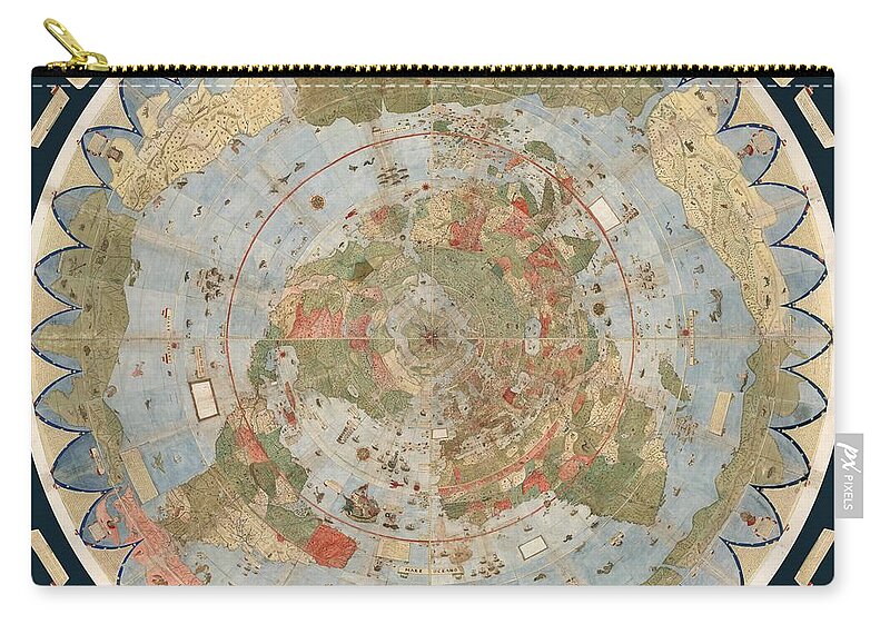 Flat Earth Map Zip Pouch featuring the drawing Antique Maps - Old Cartographic maps - Flat Earth Map - Map of the World by Studio Grafiikka
