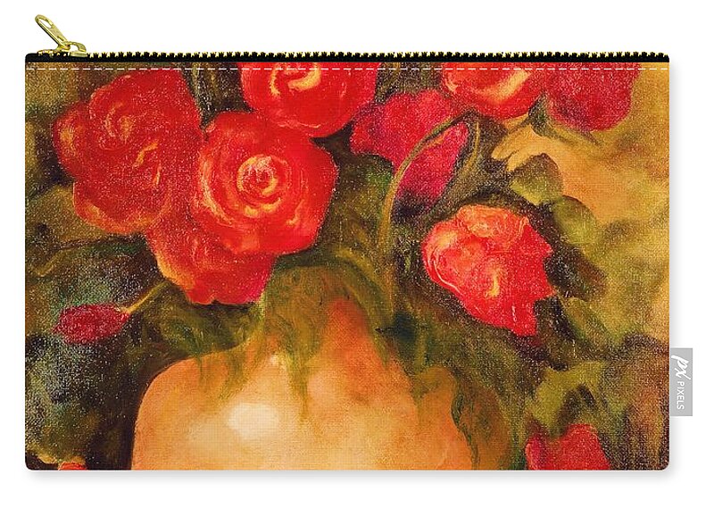 Red Roses In Vase Zip Pouch featuring the painting Antique Red Roses by Jordana Sands