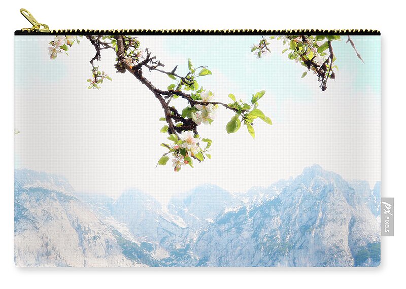 Mountains Landscape Zip Pouch featuring the photograph Apple Blossoms and Mountains by Brooke T Ryan