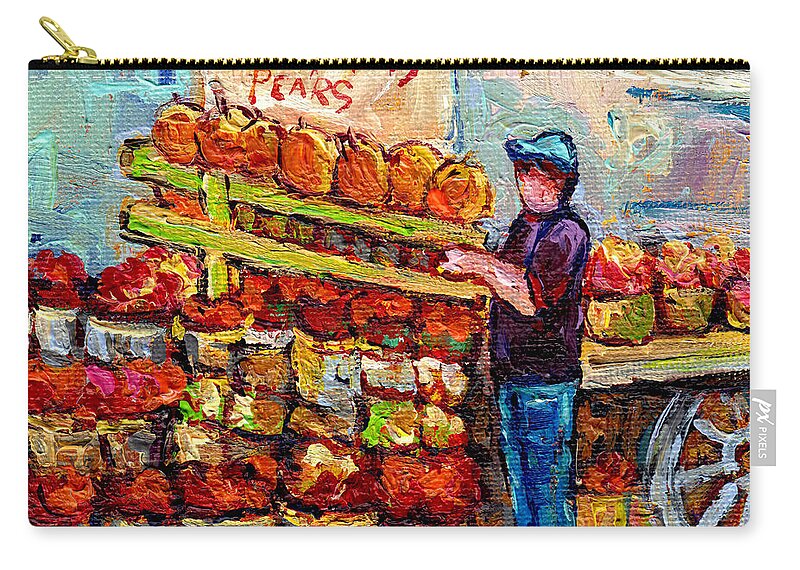 Markets Zip Pouch featuring the painting Apple Picking Time At Farmer's Fruit Stand Market Scene Canadian Paintings C Spandau Artist     by Carole Spandau
