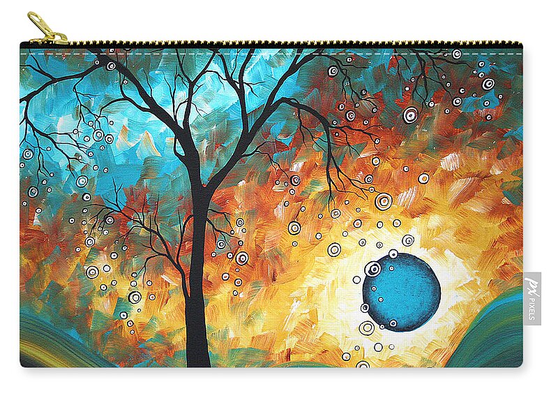Art Painting Landscape Abstract Contemporary Painting Original Art Madart Licensing Licensor Modern Fine Art Buy Print Surreal Sun Fun Colorful Upbeat Lifestyle Brand Whimsical Tree Yellow Tan Cream Teal Aqua Turquoise Blue Circles Landscape Rust Yellow Brown Carry-all Pouch featuring the painting Aqua Burn by MADART by Megan Duncanson