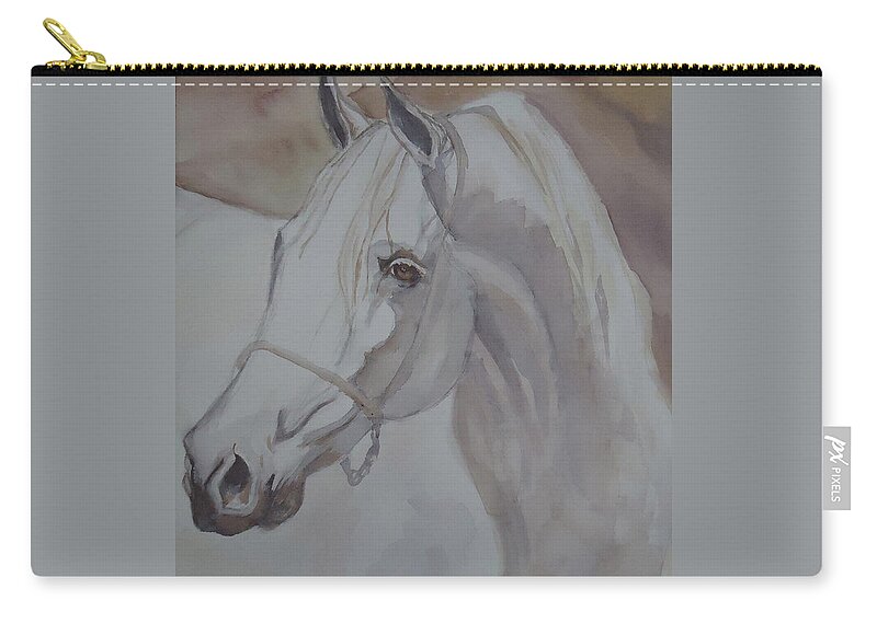 An Arabian Stallion In The Desert Dunes. Horse Zip Pouch featuring the painting Arab Stallion in the Desert by Charme Curtin