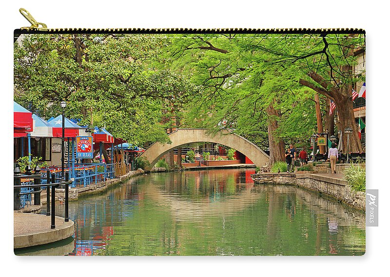 San Antonio Texas Zip Pouch featuring the photograph Arched Bridge Reflection - San Antonio by Art Block Collections