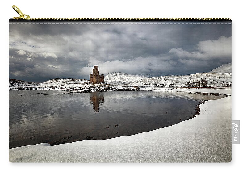 Ardvreck Castle Zip Pouch featuring the photograph Ardvreck Castle in Winter by Grant Glendinning