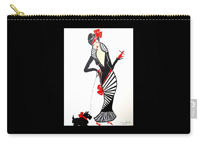 Lisa Walking Her Dog Zip Pouch featuring the painting Art Deco 1930's Lisa by Nora Shepley