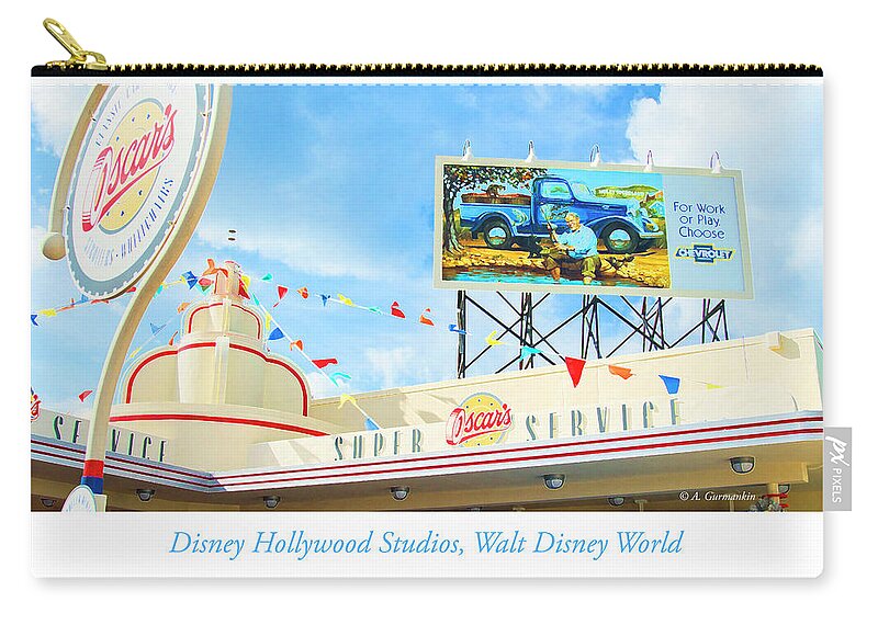 Art Deco Zip Pouch featuring the photograph Art Deco Service Station of Yesteryear, Disney Hollywood Studios by A Macarthur Gurmankin