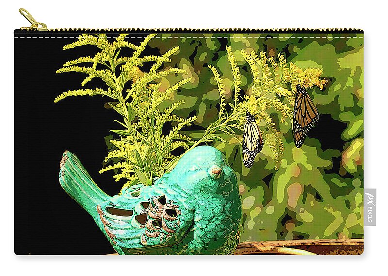 Teal Ceramic Bird Zip Pouch featuring the photograph Artistic Teal Bird And Butterflies by Luana K Perez