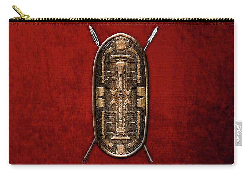 'war Shields' Collection By Serge Averbukh Carry-all Pouch featuring the digital art Zande War Shield with Spears on Red Velvet by Serge Averbukh