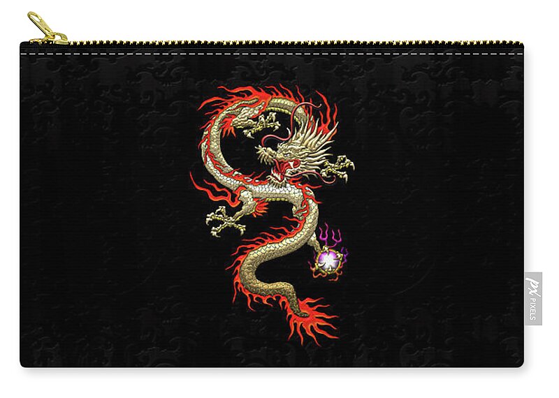 'treasures Of China' Collection By Serge Averbukh Carry-all Pouch featuring the digital art Golden Chinese Dragon Fucanglong on Black Silk by Serge Averbukh