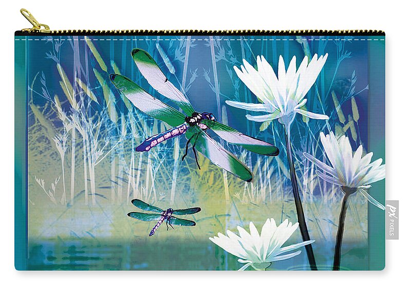  Dragonflies On Blue Pond With Water Lilies Art Print Zip Pouch featuring the painting Dragonfleis on blue pond by Regina Femrite