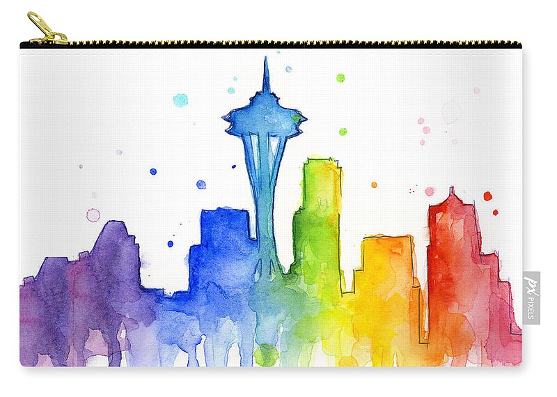 Watercolor Zip Pouch featuring the painting Seattle Rainbow Watercolor by Olga Shvartsur