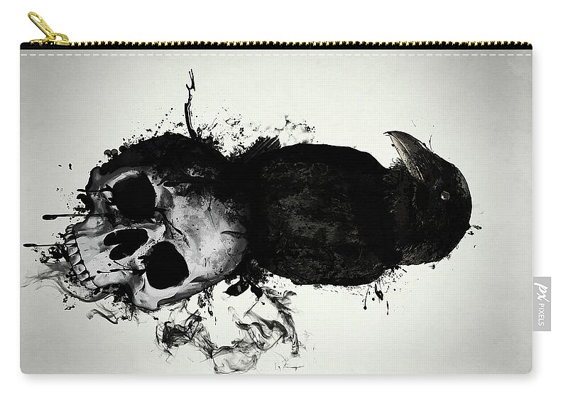Raven Zip Pouch featuring the mixed media Raven and Skull by Nicklas Gustafsson