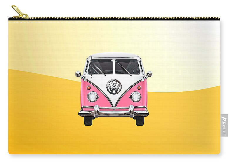 'volkswagen Type 2' Collection By Serge Averbukh Zip Pouch featuring the digital art Volkswagen Type 2 - Pink and White Volkswagen T 1 Samba Bus on Yellow by Serge Averbukh