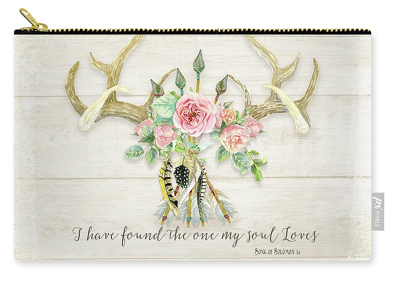 Watercolor Zip Pouch featuring the painting BOHO Love - Deer Antlers Floral Inspirational by Audrey Jeanne Roberts
