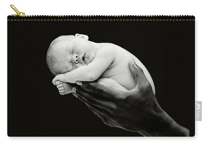 Black And White Zip Pouch featuring the photograph Tony holding Georgia by Anne Geddes