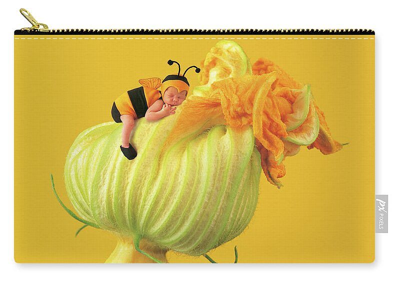 Yellow Carry-all Pouch featuring the photograph Baby Bee on a Pumpkin Flower by Anne Geddes