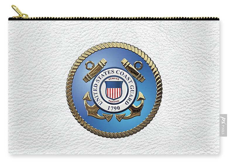 'military Insignia & Heraldry 3d' Collection By Serge Averbukh Zip Pouch featuring the digital art U. S. Coast Guard - U S C G Emblem over White Leather by Serge Averbukh