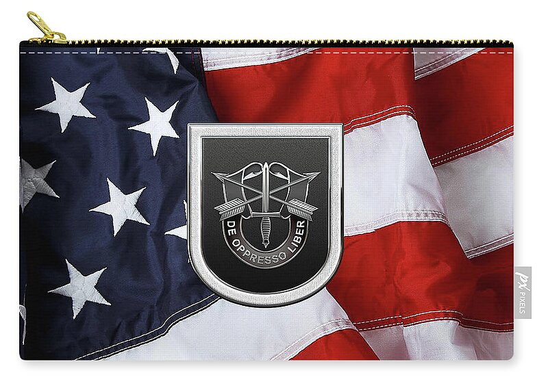 'u.s. Army Special Forces' Collection By Serge Averbukh Carry-all Pouch featuring the digital art U. S. Army 5th Special Forces Group - 5 S F G Beret Flash over American Flag by Serge Averbukh
