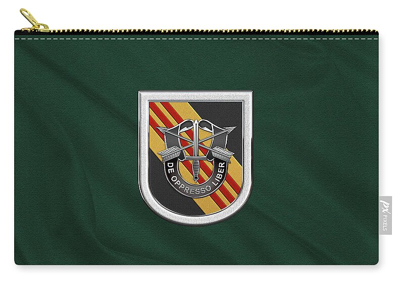 'u.s. Army Special Forces' Collection By Serge Averbukh Carry-all Pouch featuring the digital art U. S. Army 5th Special Forces Group Vietnam - 5 S F G Beret Flash over Green Beret Felt by Serge Averbukh