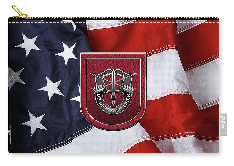 'u.s. Army Special Forces' Collection By Serge Averbukh Zip Pouch featuring the digital art U. S. Army 7th Special Forces Group - 7 S F G Beret Flash over American Flag by Serge Averbukh