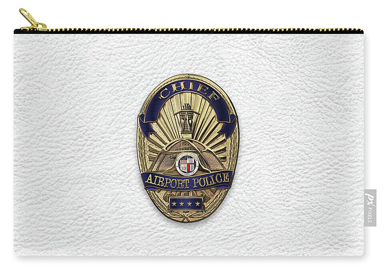 'law Enforcement Insignia & Heraldry' Collection By Serge Averbukh Zip Pouch featuring the digital art Los Angeles Airport Police Division - L A X P D Chief Badge over White Leather by Serge Averbukh