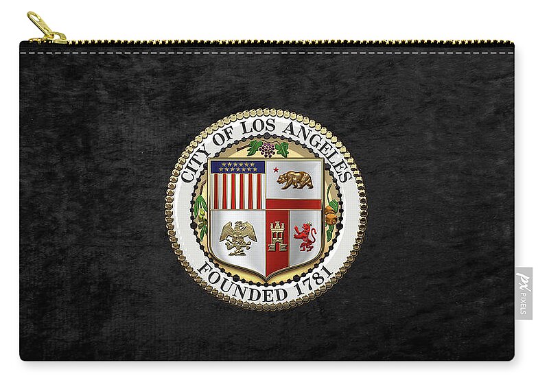 'cities Of The World' Collection By Serge Averbukh Zip Pouch featuring the digital art Los Angeles City Seal over Black Velvet by Serge Averbukh