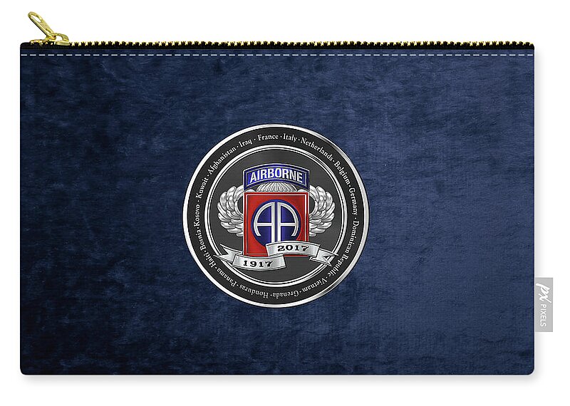 'military Insignia & Heraldry' Collection By Serge Averbukh Zip Pouch featuring the digital art 82nd Airborne Division 100th Anniversary Medallion over Blue Velvet by Serge Averbukh