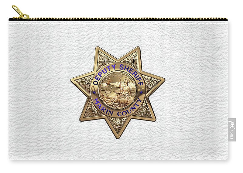 'law Enforcement Insignia & Heraldry' Collection By Serge Averbukh Zip Pouch featuring the digital art Marin County Sheriff Department - Deputy Sheriff Badge over White Leather by Serge Averbukh