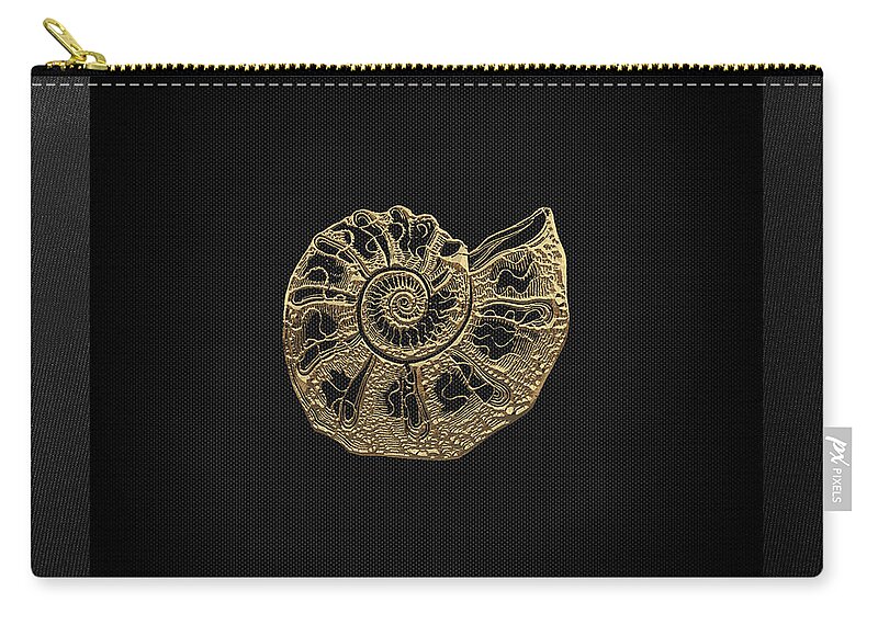 'fossil Record' Collection By Serge Averbukh Zip Pouch featuring the digital art Fossil Record - Golden Ammonite Fossil on Square Black Canvas #4 by Serge Averbukh