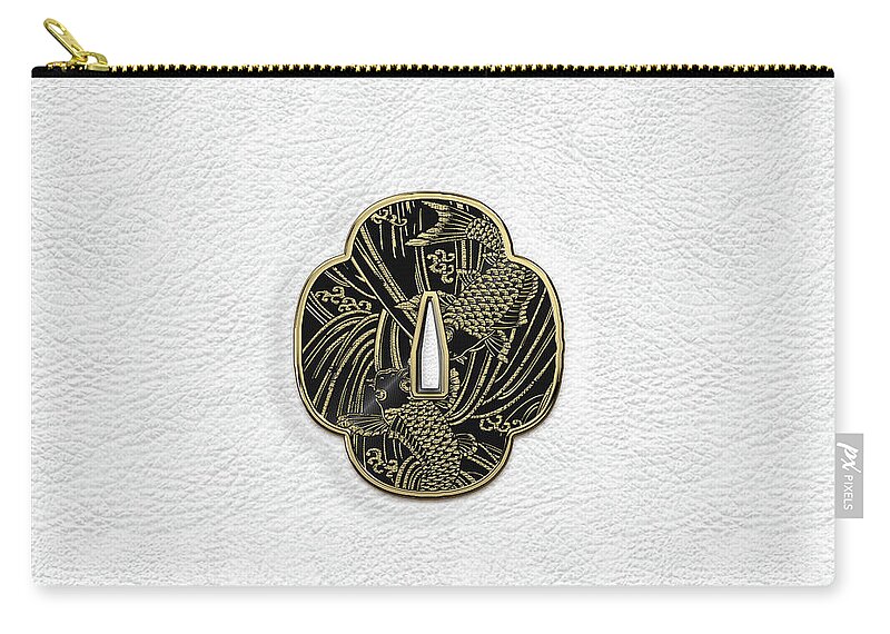 'treasures Of Japan' Collection By Serge Averbukh Zip Pouch featuring the digital art Japanese Katana Tsuba - Golden Twin Koi on Black Steel over White Leather by Serge Averbukh