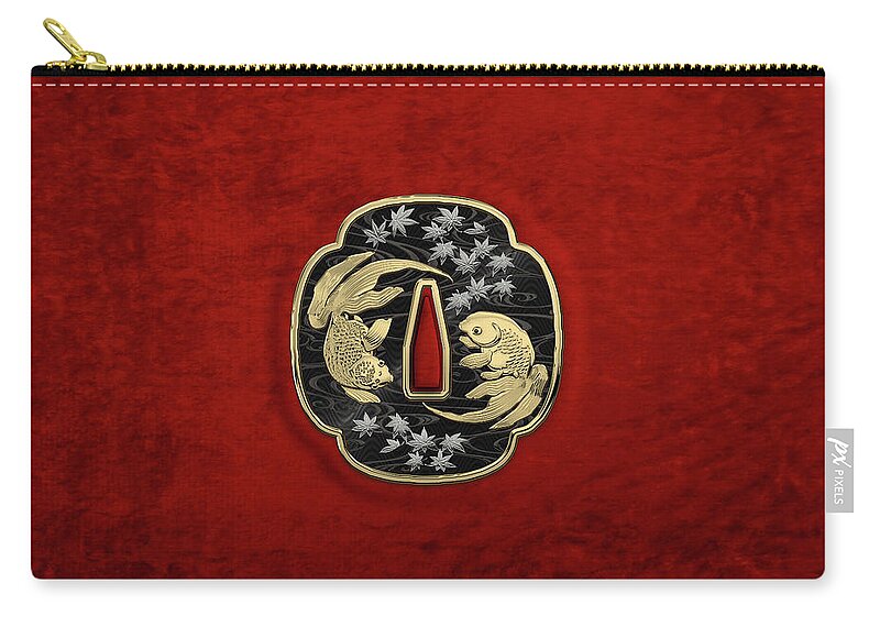 'treasures Of Japan' Collection By Serge Averbukh Zip Pouch featuring the photograph Japanese Katana Tsuba - Twin Gold Fish on Black Steel over Red Velvet #1 by Serge Averbukh