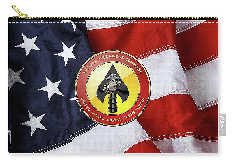 'military Insignia & Heraldry' Collection By Serge Averbukh Zip Pouch featuring the digital art U S M C Forces Special Operations Command - M A R S O C    Seal over American Flag by Serge Averbukh