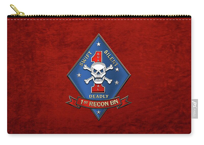 'military Insignia & Heraldry' Collection By Serge Averbukh Zip Pouch featuring the digital art U S M C 1st Reconnaissance Battalion - 1st Recon Bn Insignia over Red Velvet by Serge Averbukh
