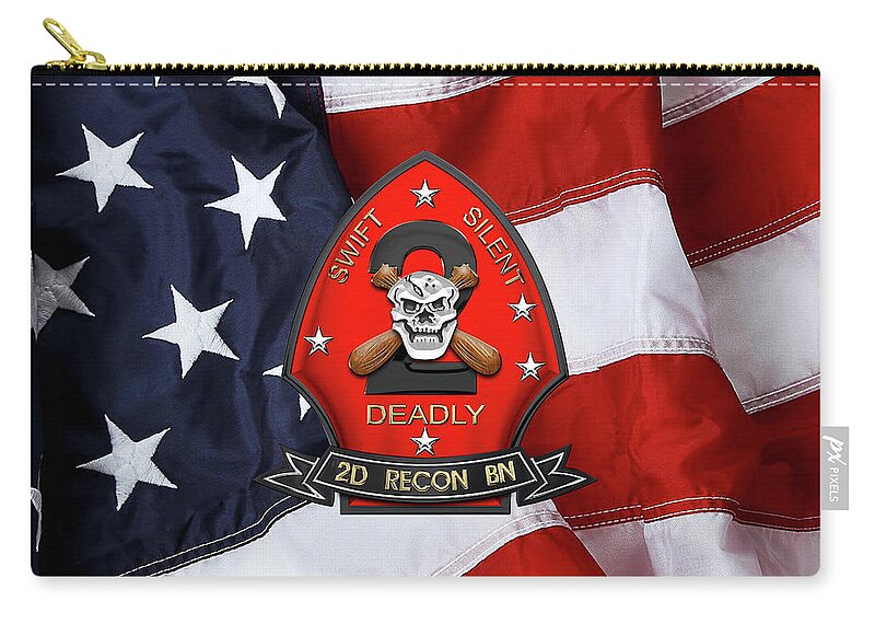 'military Insignia & Heraldry' Collection By Serge Averbukh Carry-all Pouch featuring the digital art U S M C 2nd Reconnaissance Battalion - 2nd Recon Bn Insignia over American Flag by Serge Averbukh