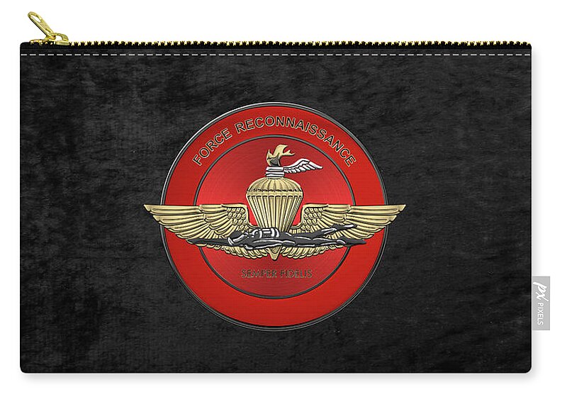 'military Insignia & Heraldry' Collection By Serge Averbukh Zip Pouch featuring the digital art Marine Force Reconnaissance - U S M C  F O R E C O N Insignia over Black Velvet by Serge Averbukh