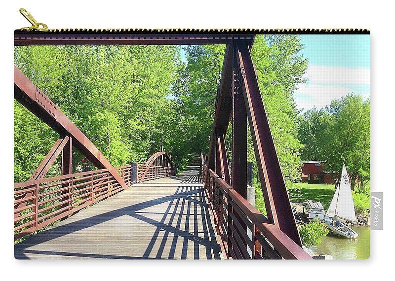 Image In Novel Zip Pouch featuring the photograph Image Included in Queen the Novel - Bike Path Bridge Over Winooski River with Sailboat 22of74 Enhanc by Felipe Adan Lerma