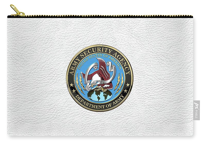 ‘military Insignia 3d’ Collection By Serge Averbukh Zip Pouch featuring the digital art U. S. Army Security Agency - A S A Emblem over White Leather by Serge Averbukh