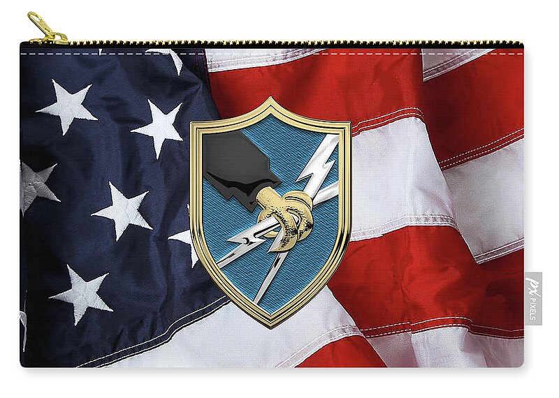 ‘military Insignia 3d’ Collection By Serge Averbukh Zip Pouch featuring the digital art U. S. Army Security Agency - A S A Patch over American Flag by Serge Averbukh