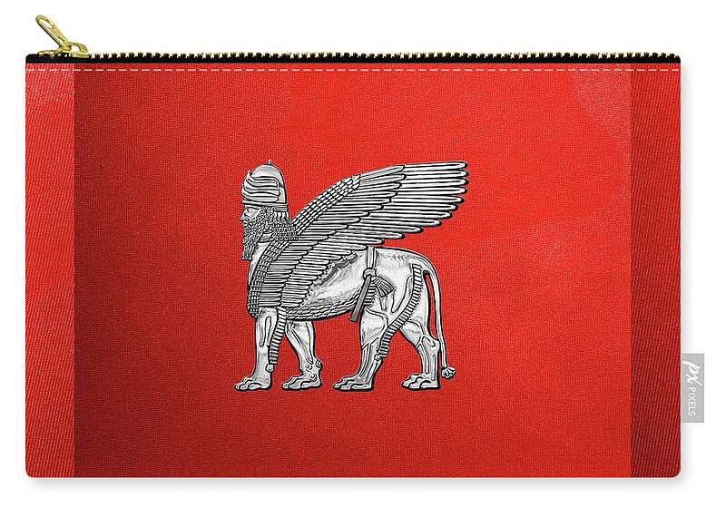 ‘treasures Of Mesopotamia’ Collection By Serge Averbukh Zip Pouch featuring the digital art Assyrian Winged Lion - Silver Lamassu over Red Canvas by Serge Averbukh