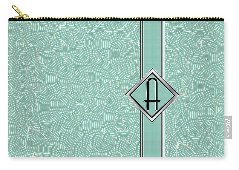 Monogrammed Zip Pouch featuring the digital art 1920s Blue Deco Jazz Swing Monogram ...letter A by Cecely Bloom