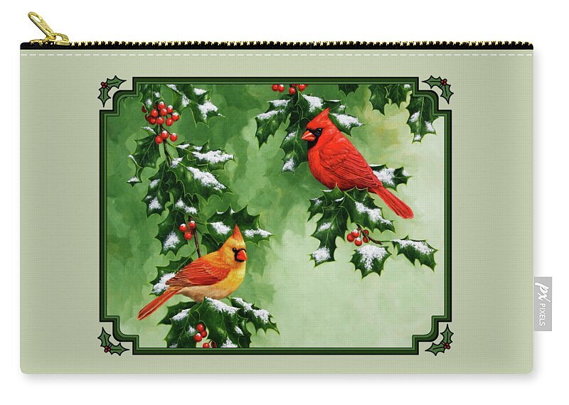 Bird Zip Pouch featuring the painting Cardinals and Holly - Version with Snow by Crista Forest