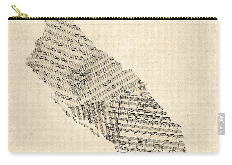 Aruba Map Zip Pouch featuring the digital art Aruba Old Sheet Music Map by Michael Tompsett