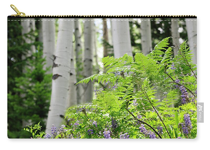 Aspen Zip Pouch featuring the painting Aspens Ferns and Flowers 2 by Constance Woods