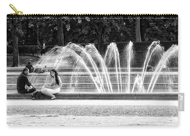 B&w Zip Pouch featuring the photograph At the Fountain by Ingrid Dendievel