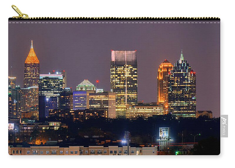 #faatoppicks Zip Pouch featuring the photograph Atlanta Skyline at Night Downtown Midtown Color Panorama by Jon Holiday
