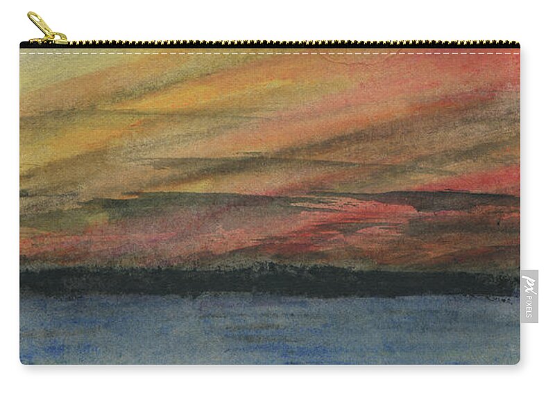 Wide Sunset Beautiful Horizon Panoramic Broad Light Sky Panorama Sunrise Glow Blue Sea View Red Ocean Seascape Water Lake Clouds Orange Seascapes Evening Dusk Dawn Space Outdoor Nobody Mist Golden Gold Glowing Waterscape Twilight Texture Skies Remote Pacific Night Moody Mood Dream Kyllo Decor Colorful Cloudscape Waves Tranquil Sundown Storm Relaxing Recycled Peaceful Overcast Limitless Infinite Endless Earth Early Decorative Dark Crimson Cloudy Atmospheric Atmosphere Zip Pouch featuring the painting Atmospheric Dusk by R Kyllo