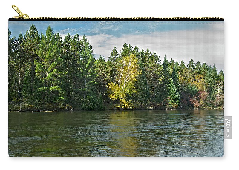 River Ausable Au Sable Mist Trees Fall Autumn Clouds Sky. Alcona County Michigan Reflections Nature Ripples Mgp Photography Michael Peychich Zip Pouch featuring the photograph Au Sable River 9804 by Michael Peychich