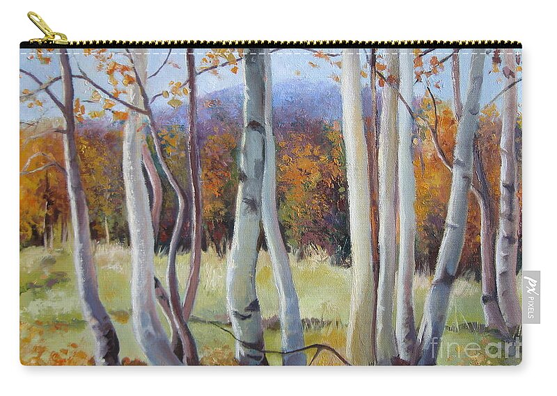 Birch Zip Pouch featuring the painting Autumn birches by Elena Oleniuc