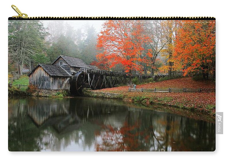 Mabry Mill Zip Pouch featuring the photograph Autumn Foggy Morning At Mabry Mill Virginia by Carol Montoya