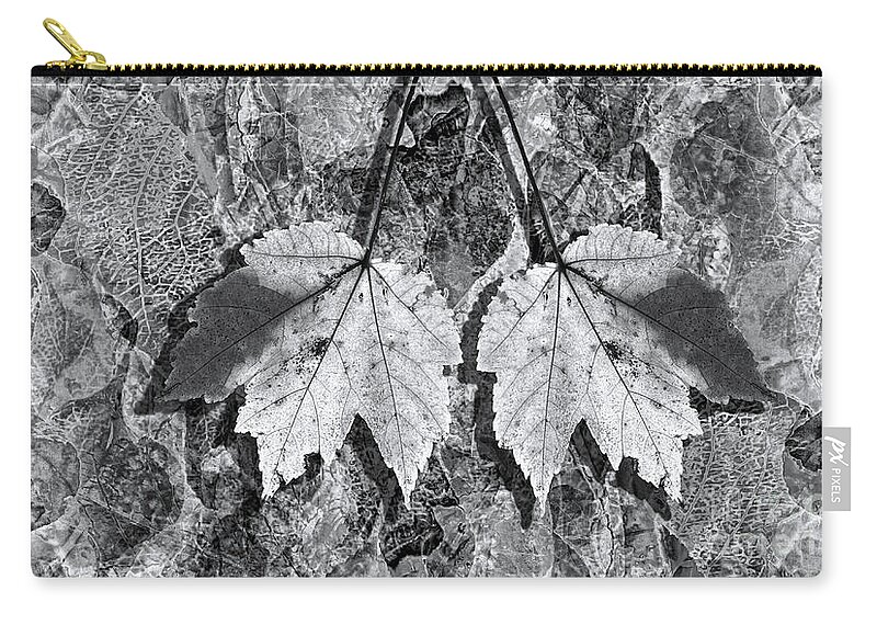Autumn Zip Pouch featuring the photograph Autumn Leaf Abstract In Black and White by Jeff Breiman